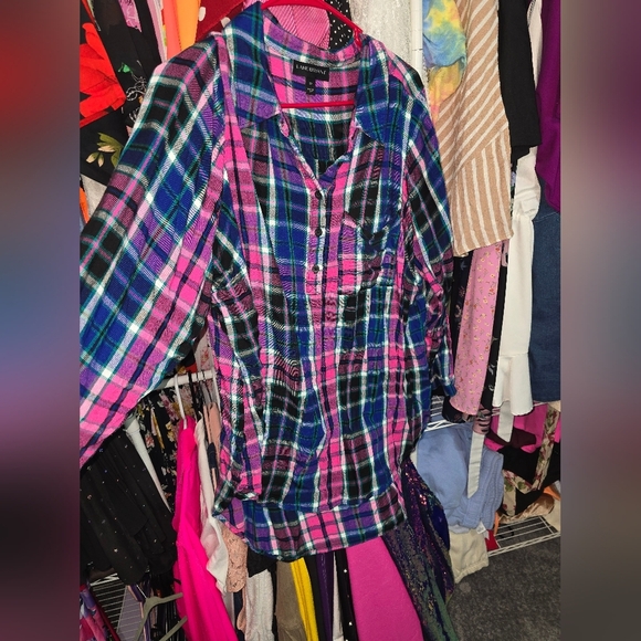 🍁🍂Lane Bryant pink and blue plaid high low tunic 22 - Picture 3 of 6